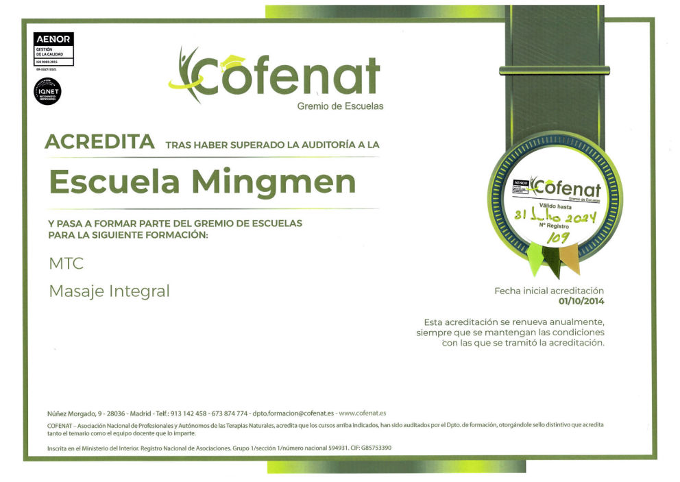 Certificado Cofenat Gremio de Escuelas MTC